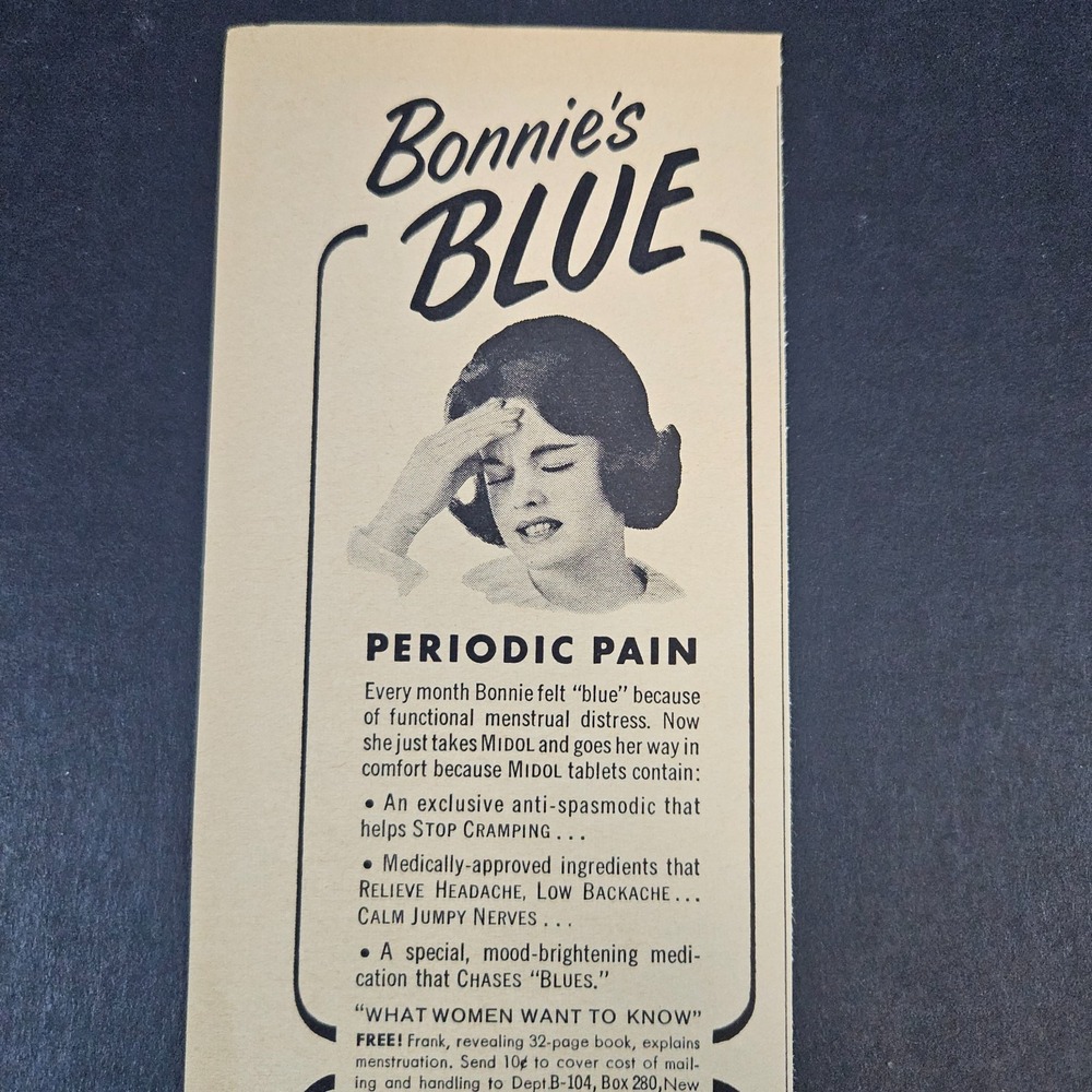1964 Bonnie's Blue Periodic Pain Gay With Midol Tablets Vintage Print Ad NYC